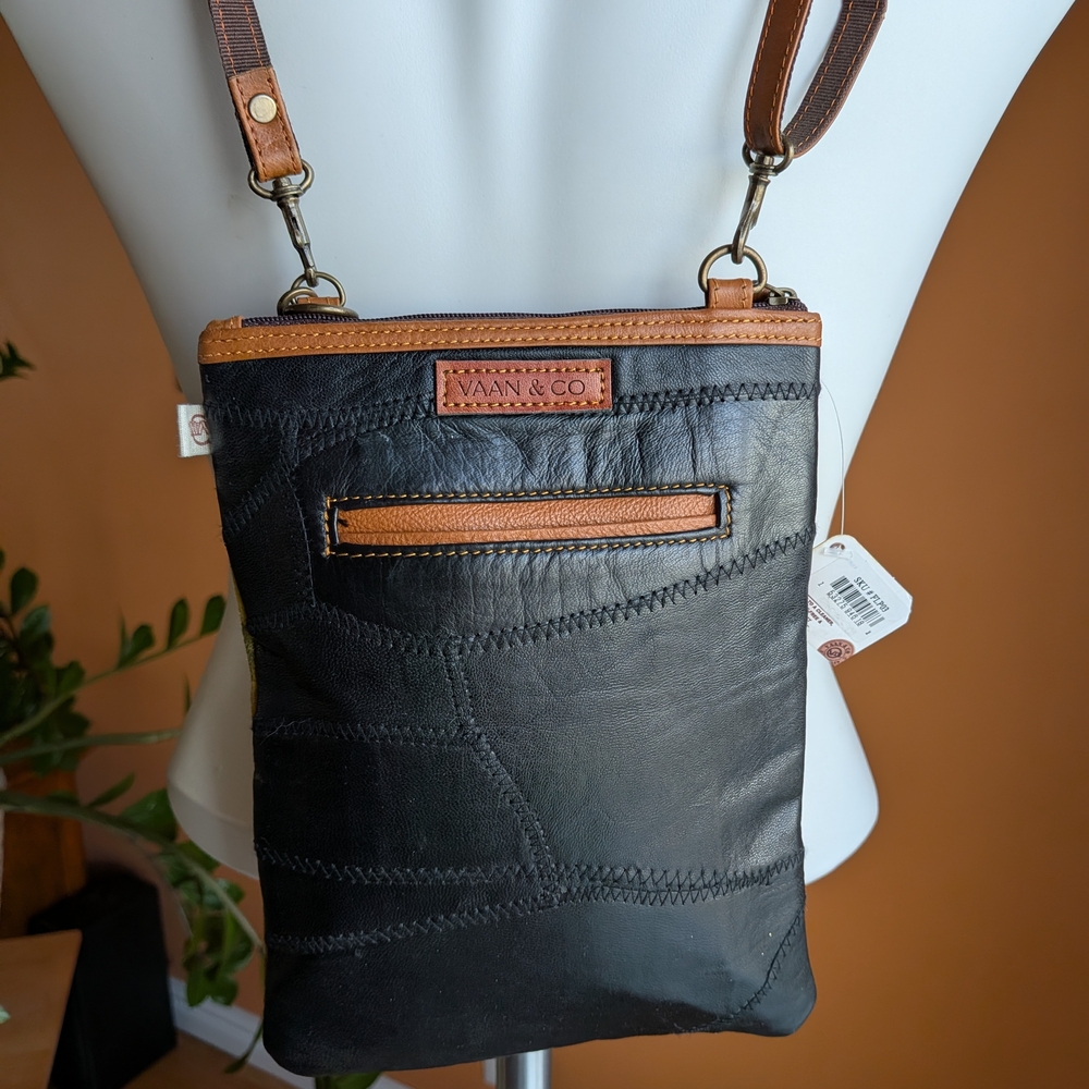 Yellow Floral Crossbody Bag with Brown Trim and Tassel 100% Leather - Picture 3 of 7